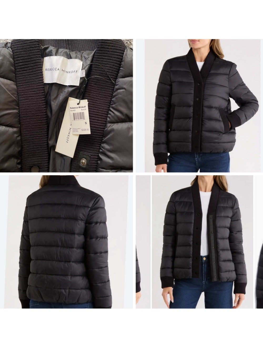 Rebecca Minkoff Black Quilted Rib-Trim Puffer Jacket